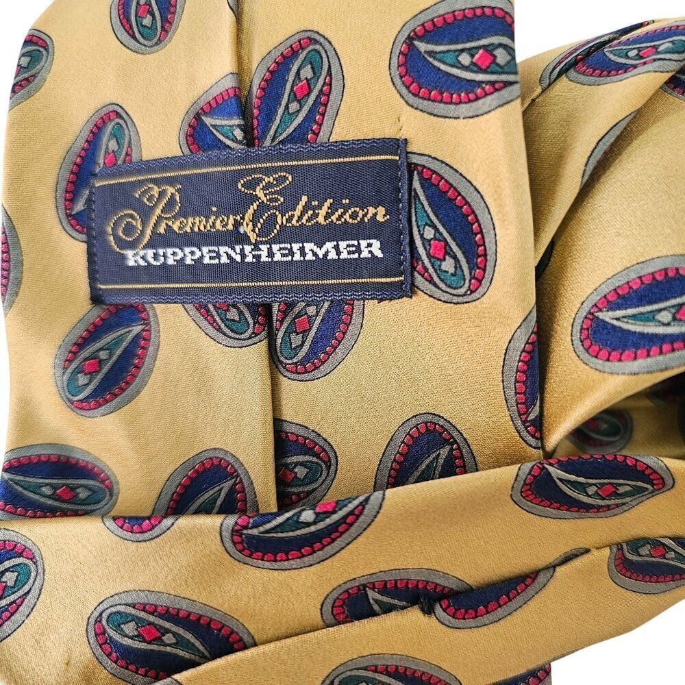 Kuppenheimer Premier Edition 90s Gold Silk Necktie Navy Blue Paisley 3.75"W x 58